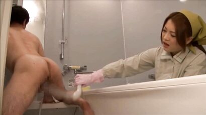 Sexy Asian Maid Cleans His Cock And Ass