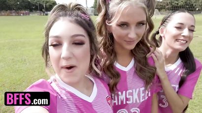 Soccer Girls Freya von Doom, Macy Meadows & Violet Gems Take Turns Riding Their Trainers Dick - POV foursome with young sluts